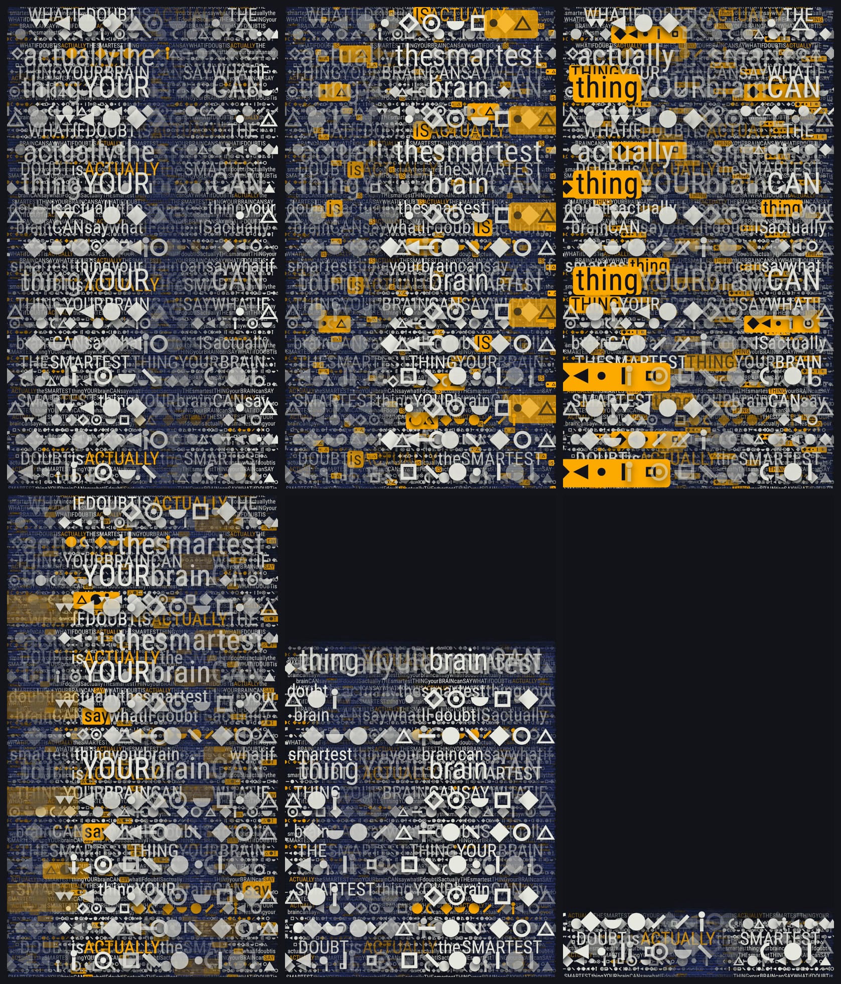Contact sheet from Good Doubt Decode: six frames of the same sentence with no void, the spoken words surfacing large and highlighted in amber inside the sign field.