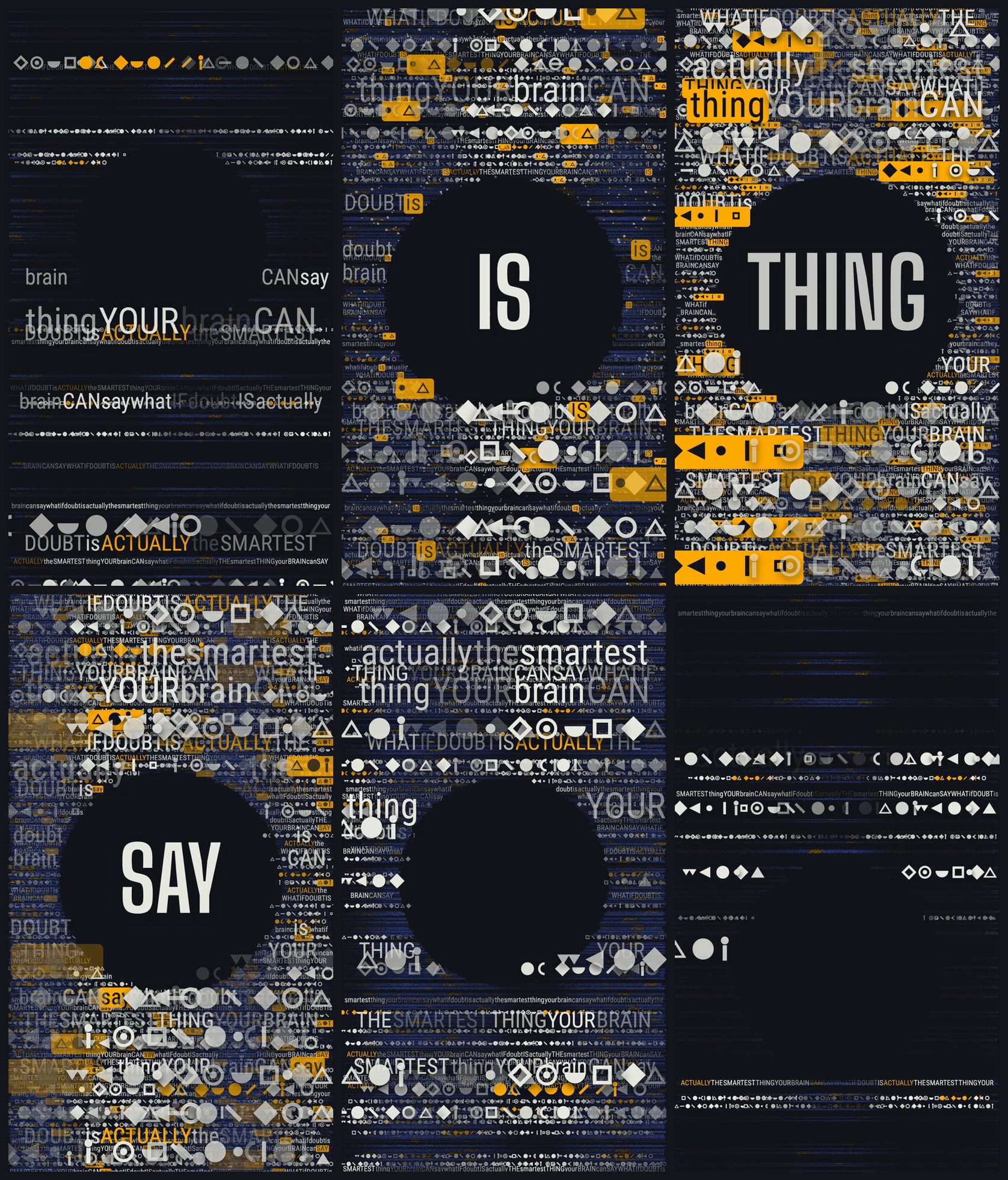 Contact sheet from Good Doubt: six frames showing a dense field of geometric phonetic signs and legible words, with a circular void at the centre and the spoken word SAY appearing alone inside it.