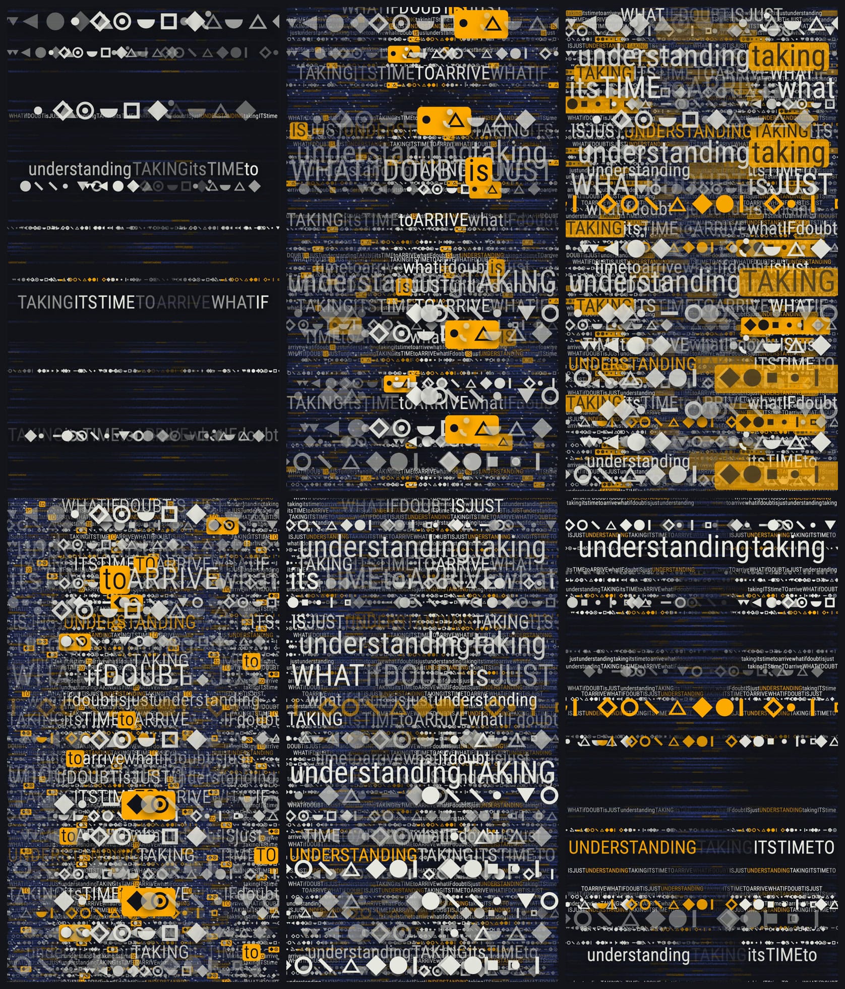 Contact sheet from Doubt Good Decode: six frames of a scattering field in which the words understanding, taking and arrive surface at display size.
