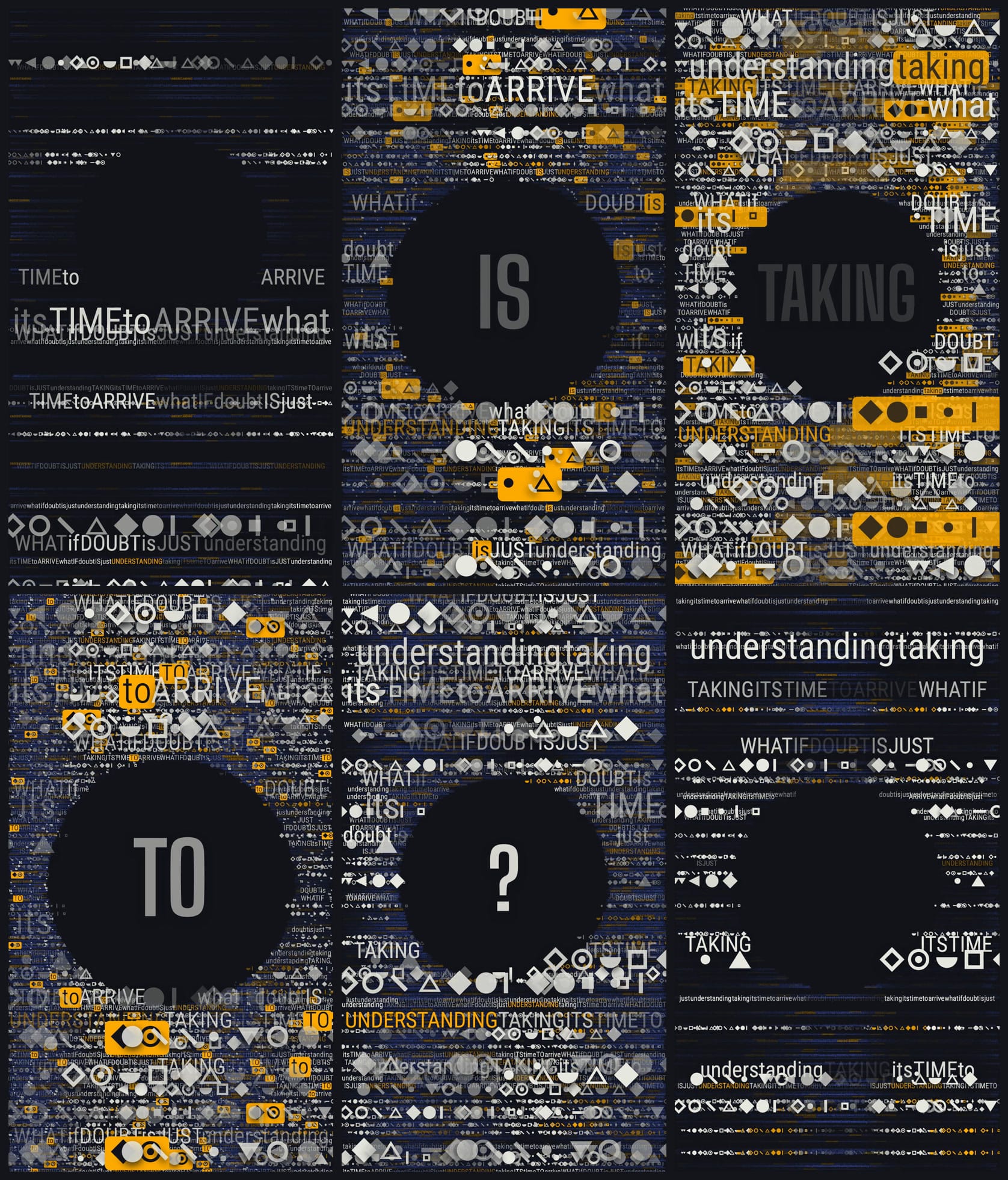 Contact sheet from Doubt Good: six frames ending with a question mark alone in the circular void.