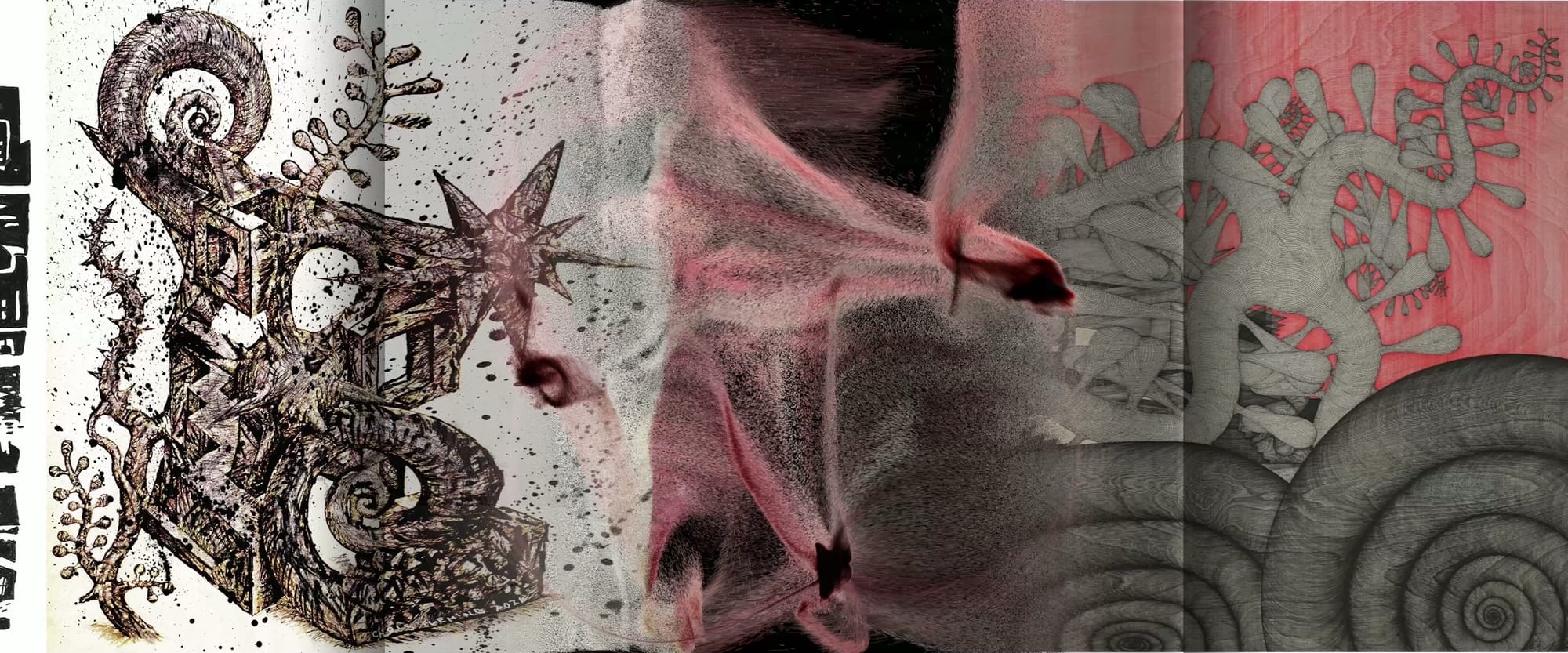 Strata Morpha. Pink and grey material gathered by the poles holds dark knots instead of blowing out to white; on the left an ink-spattered drawing of spirals and thorned branches is reassembled column by column.
