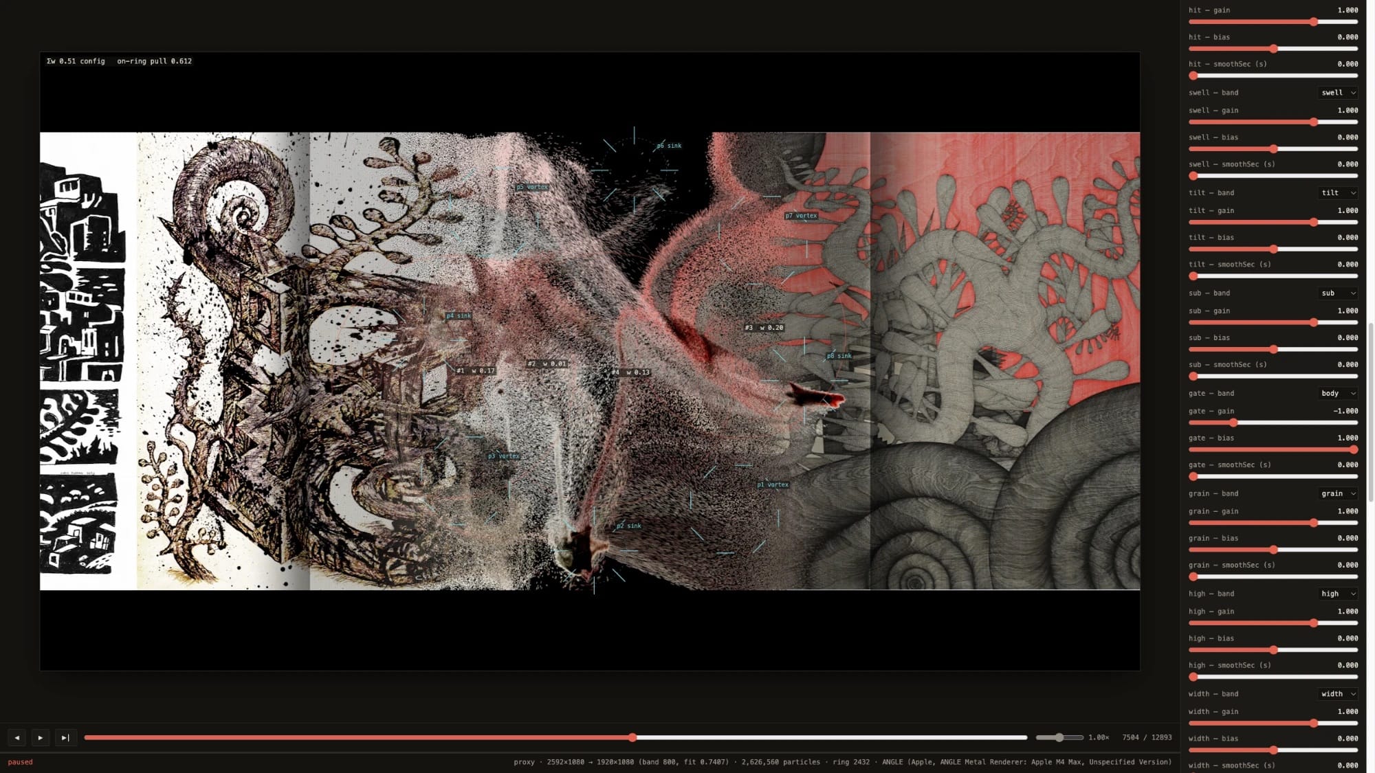 The control surface scrolled to the reactive audio channels, each with sliders for band, gain, bias and smoothing.