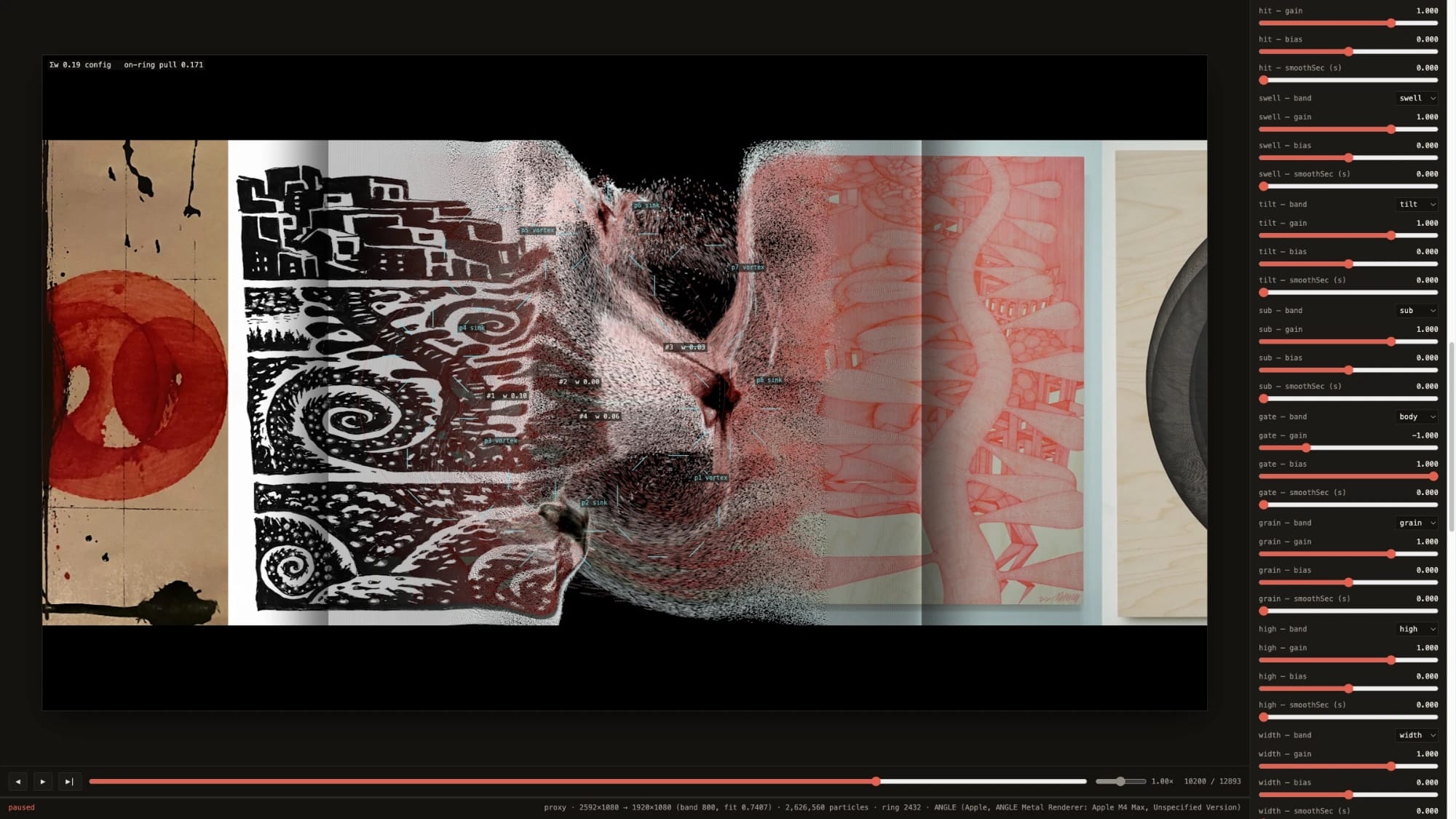 The preview tool late in the piece, a red-ringed drawing on the left and pink line-work arriving on the right, with the status bar along the bottom.