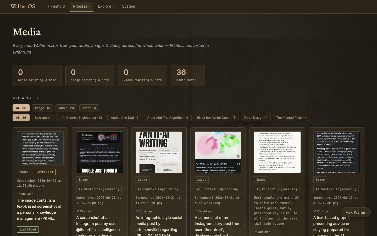 The Walter OS Media page, headed 'Media — every way Walter makes from your audio, images and video, across the whole vault. Erlebnis converted to Erfahrung', showing a grid of media-note cards with audio players, transcripts, captions and tags.